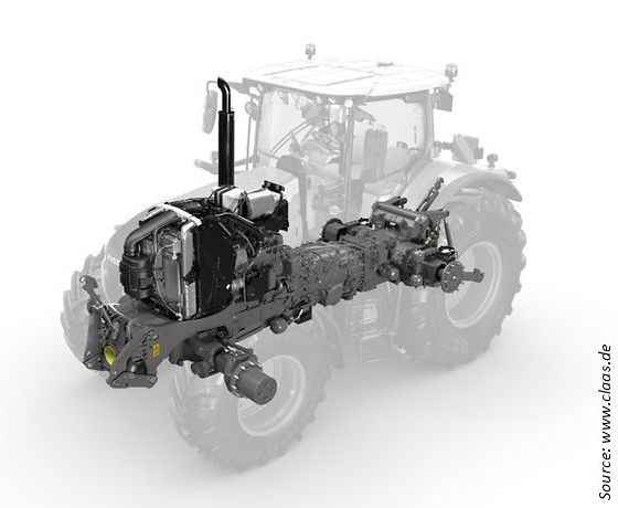 3D-Illustration Traktor-Achse in einem halbtransparenten Traktor auf weißem Hintergrund